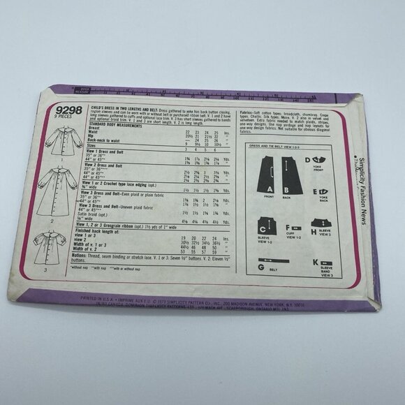 Simplicity 9298 Child Dress Two Lengths and Belt Size 3 Vintage Uncut 1979 - Picture 5 of 6